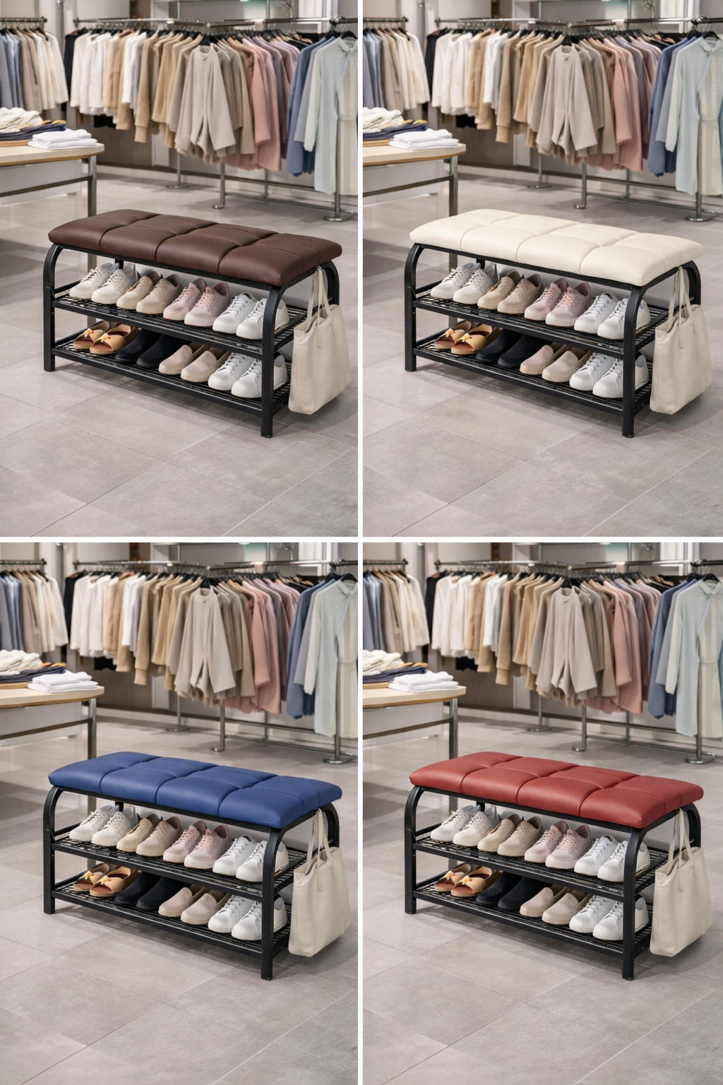 Banc porte-chaussures 2 étages avec assise rembourrée