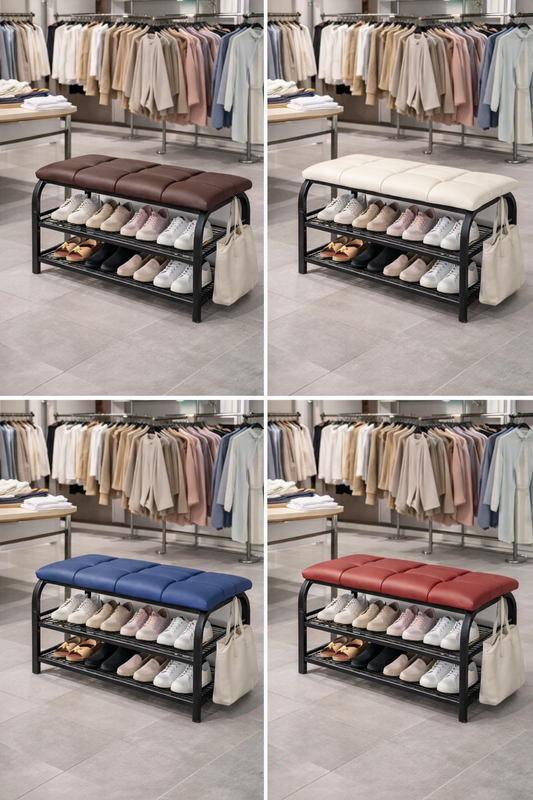 Banc porte-chaussures 2 étages avec assise rembourrée