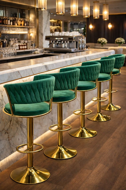Tabouret de bar luxe en velours vert avec pied doré réglable