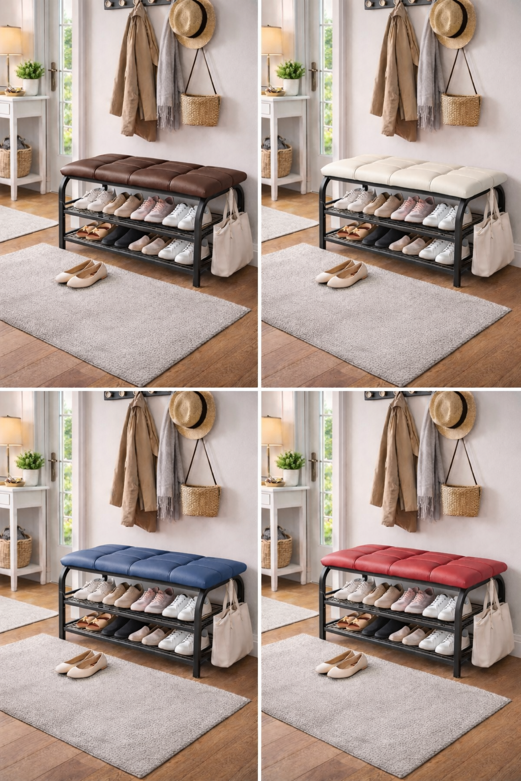 Banc porte-chaussures 2 étages avec assise rembourrée