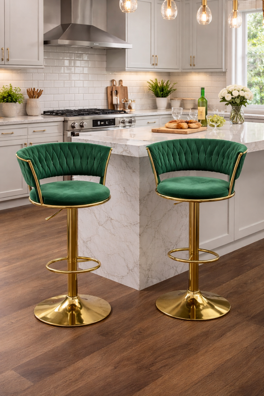 Tabouret de bar luxe en velours vert avec pied doré réglable