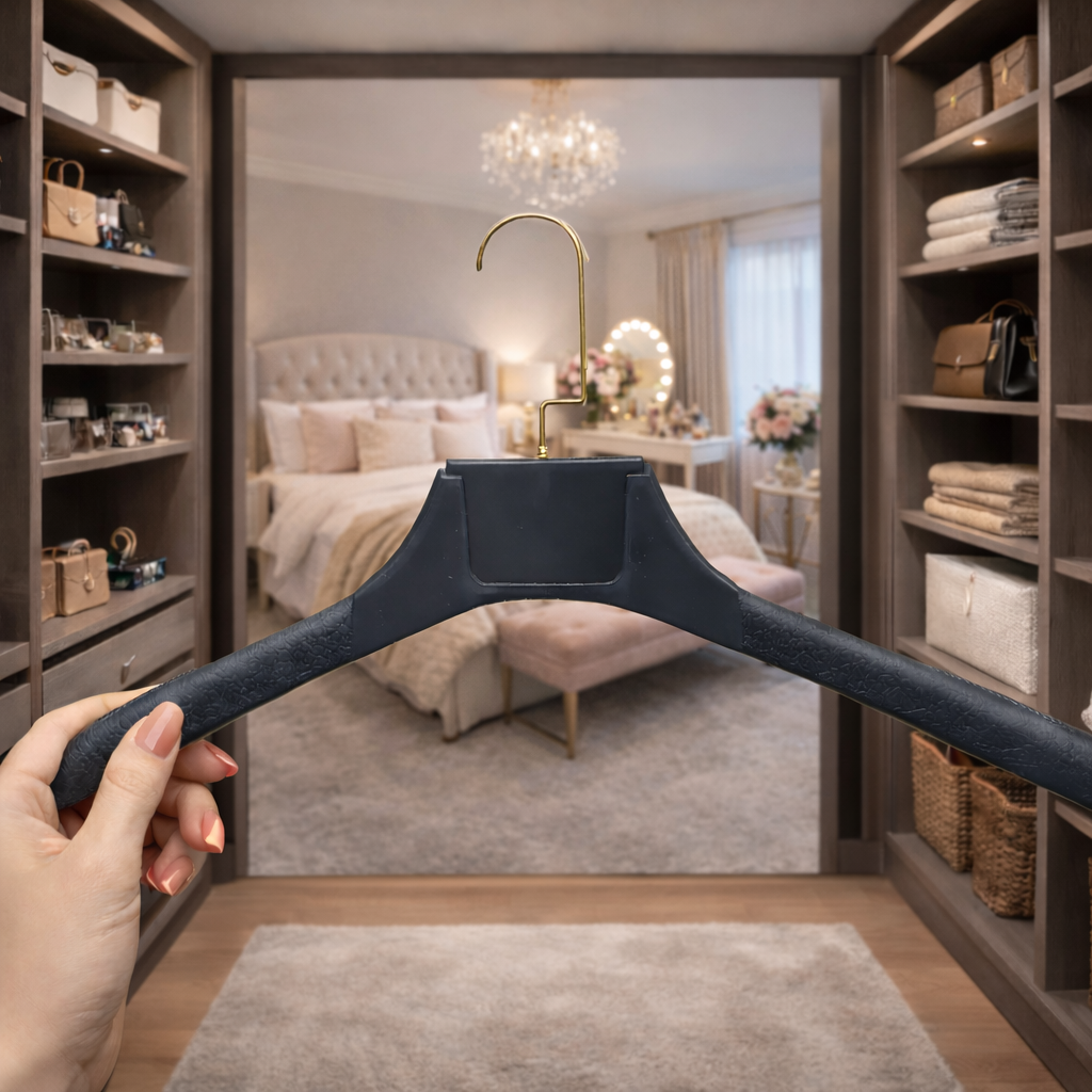 Cintre Premium en Plastique Noir – Crochet Doré Rotatif